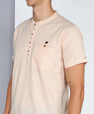 men's beige linen cotton half sleeve  short kurta 5