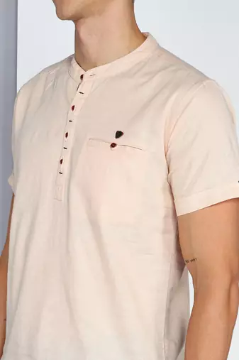 men's beige linen cotton half sleeve  short kurta