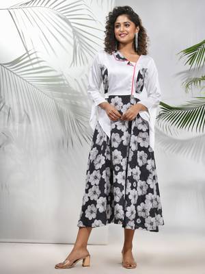 Black & white chinon ethnic dress with printed work 1