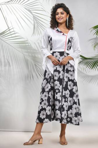 Black & white chinon ethnic dress with printed work