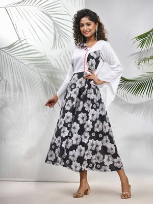 Black & white chinon ethnic dress with printed work 2