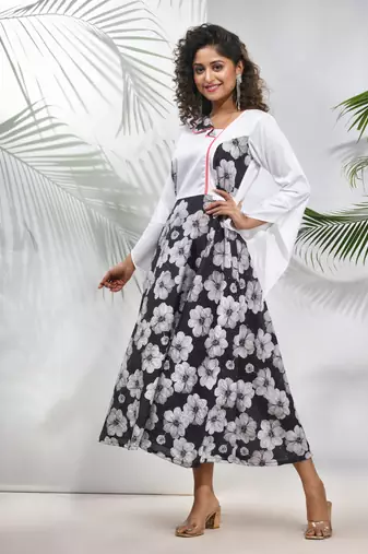 Black & white chinon ethnic dress with printed work