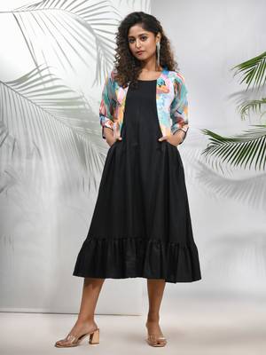 Black cotton ruffled ethnic dress with printed jacket 1