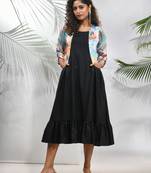 Black cotton ruffled ethnic dress with printed jacket