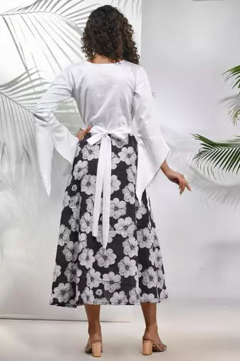Black & white chinon ethnic dress with printed work