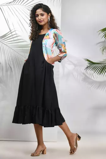 Black cotton ruffled ethnic dress with printed jacket