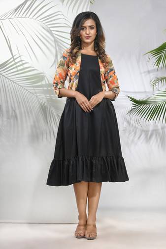 Black cotton ruffled ethnic dress with printed jacket