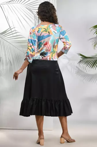 Black cotton ruffled ethnic dress with printed jacket