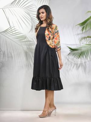 Black cotton ruffled ethnic dress with printed jacket 2
