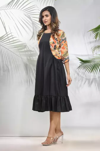 Black cotton ruffled ethnic dress with printed jacket