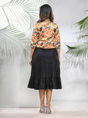 Black cotton ruffled ethnic dress with printed jacket 3