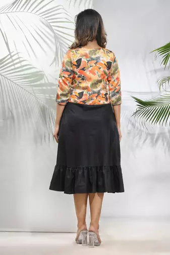 Black cotton ruffled ethnic dress with printed jacket