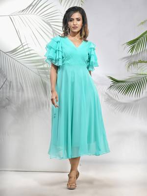 Sea green georgette midi dress with ruffle sleeves 1