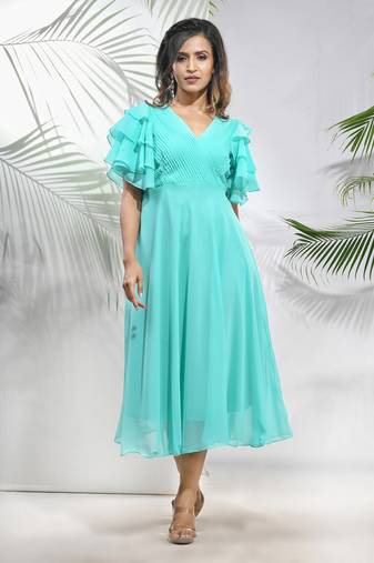 Sea green georgette midi dress with ruffle sleeves