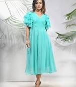 Sea green georgette midi dress with ruffle sleeves