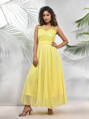 Yellow georgette gown with bow 1