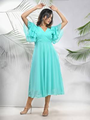Sea green georgette midi dress with ruffle sleeves 2