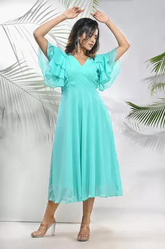 Sea green georgette midi dress with ruffle sleeves
