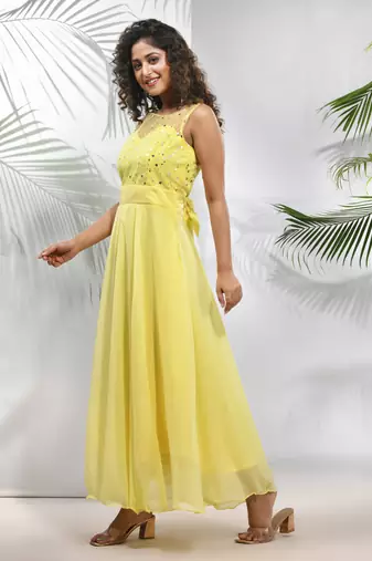 Yellow georgette gown with bow