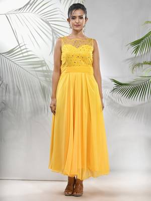 Bright yellow georgette gown with bow 1