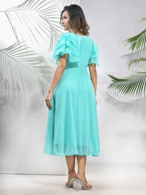 Sea green georgette midi dress with ruffle sleeves 3