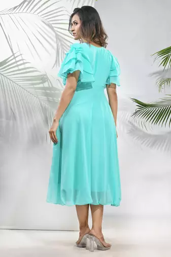 Sea green georgette midi dress with ruffle sleeves
