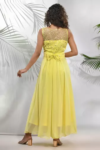 Yellow georgette gown with bow