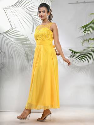 Bright yellow georgette gown with bow 2