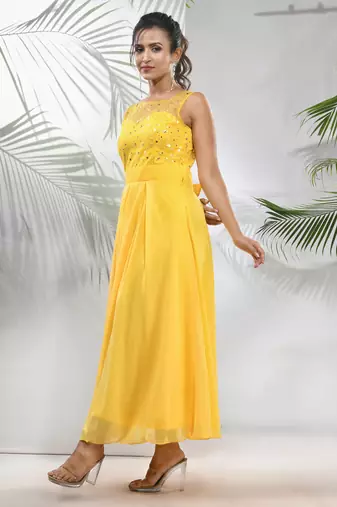 Bright yellow georgette gown with bow