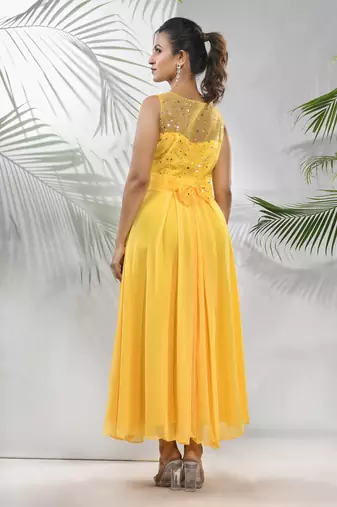 Bright yellow georgette gown with bow