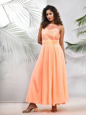 Peach georgette gown with bow 1
