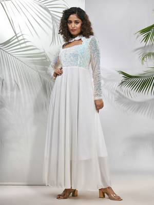 Off white georgette gown with sequins work 1