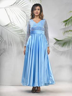 Sky blue satin gown with sequins work 1