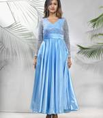 Sky blue satin gown with sequins work