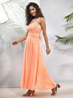 Peach georgette gown with bow 2