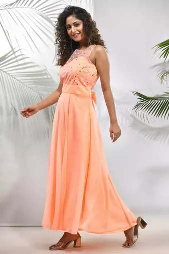 Peach georgette gown with bow