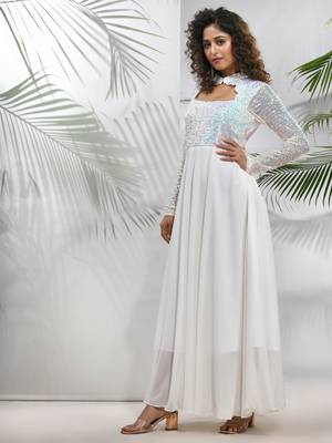 Off white georgette gown with sequins work 2