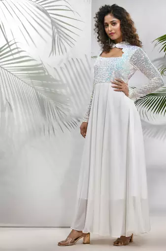 Off white georgette gown with sequins work