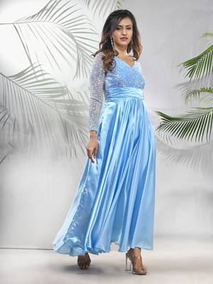 Sky blue satin gown with sequins work 2