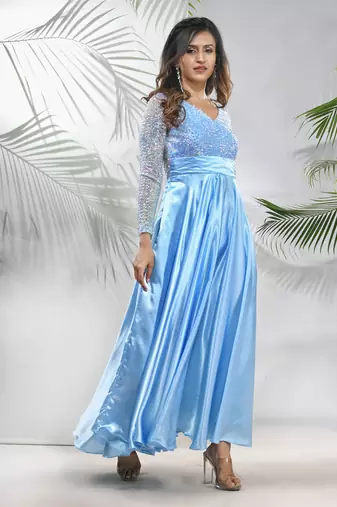 Sky blue satin gown with sequins work