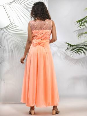 Peach georgette gown with bow 3