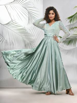 Sage green satin gown with sequins work 1
