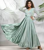 Sage green satin gown with sequins work