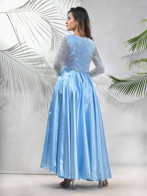 Sky blue satin gown with sequins work 3