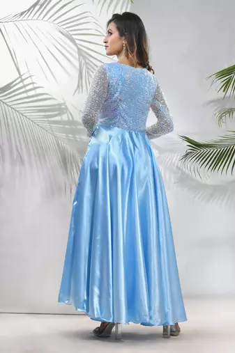 Sky blue satin gown with sequins work