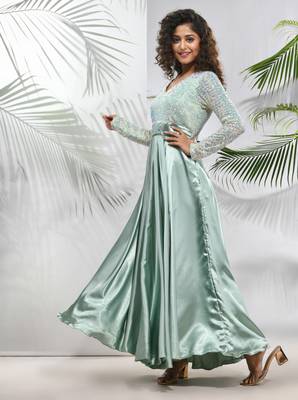 Sage green satin gown with sequins work 2