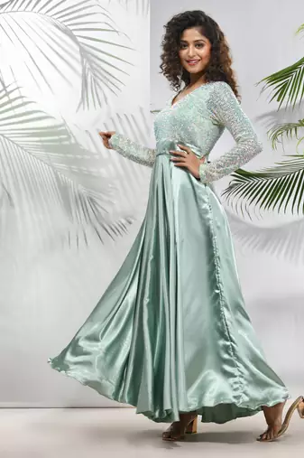 Sage green satin gown with sequins work