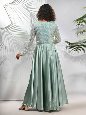 Sage green satin gown with sequins work 3
