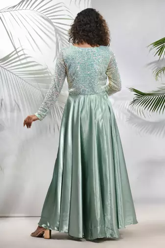 Sage green satin gown with sequins work