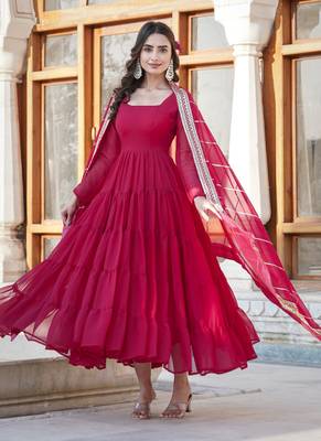 Pink georgette plain gown with dupatta 3